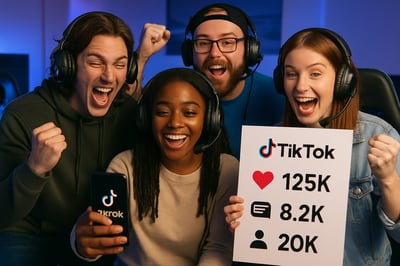 Gamers celebrating TikTok success with high engagement metrics